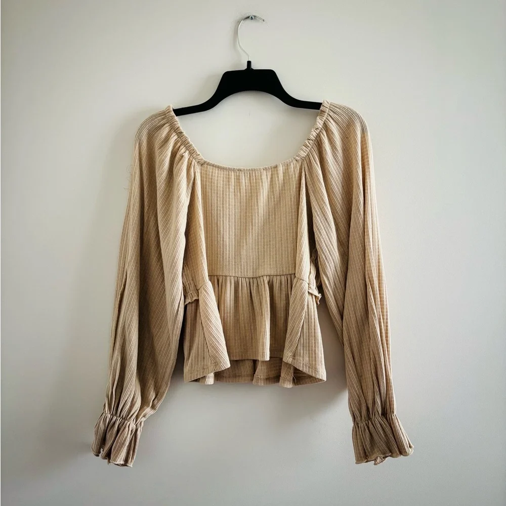 Altar'd State Top Smocked Beige Long Sleeve Blouse Women L Boho Cottagecore USA
